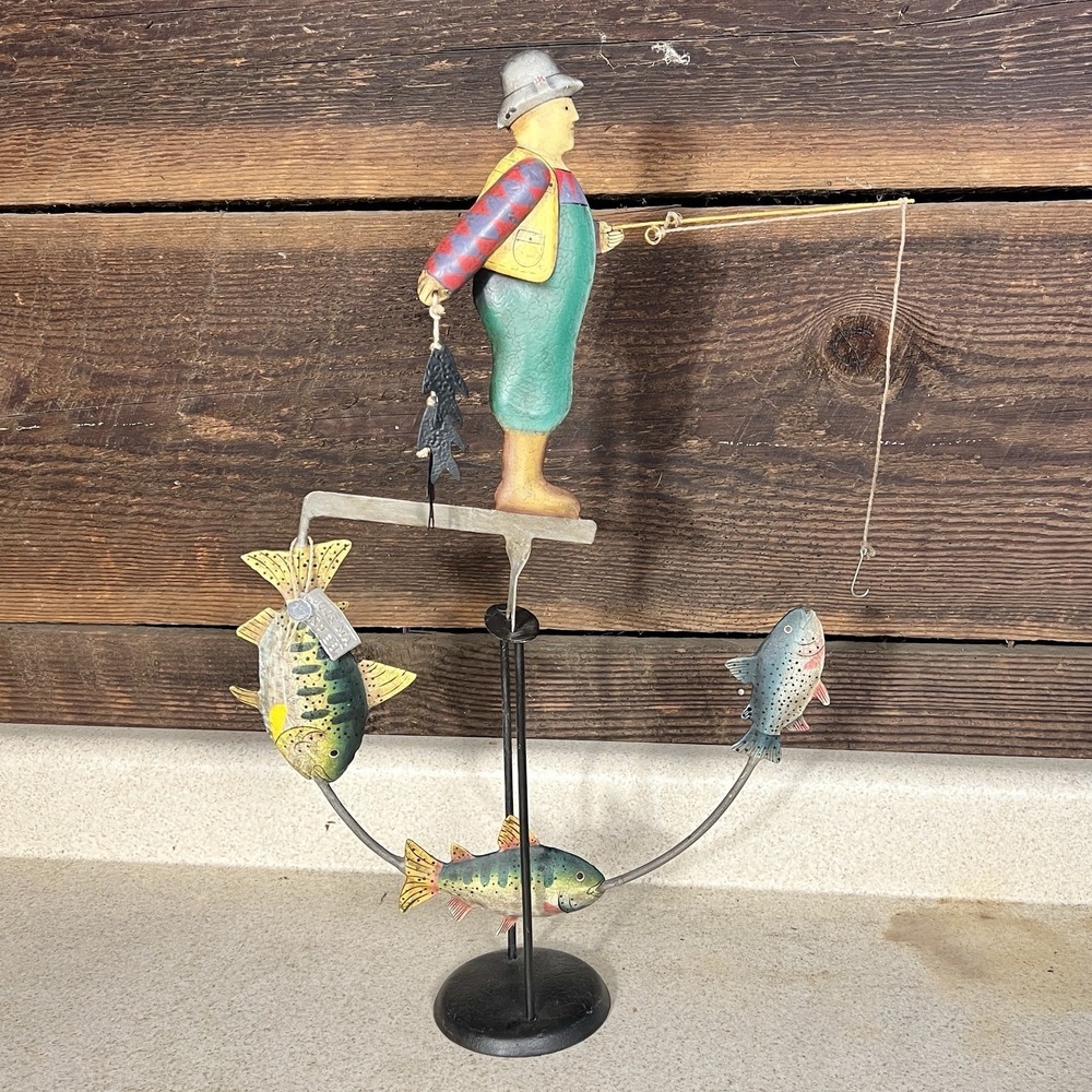 Authentic Model Nautical Fly Fisherman Teeter Totter Metal Balance Folk Art 0299